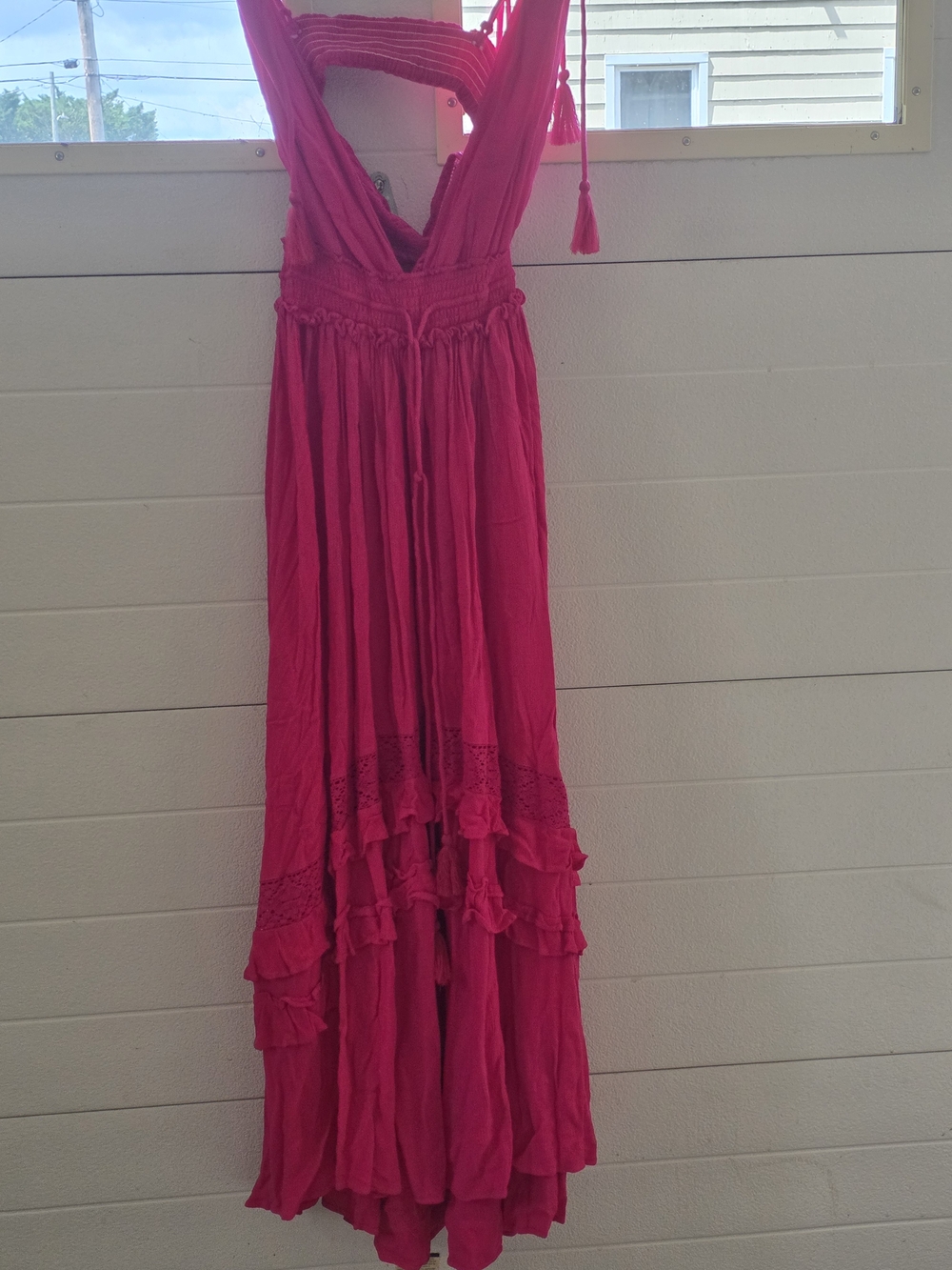 Sleeveless Tassel-Strap Maxi Dress in Vibrant Pink